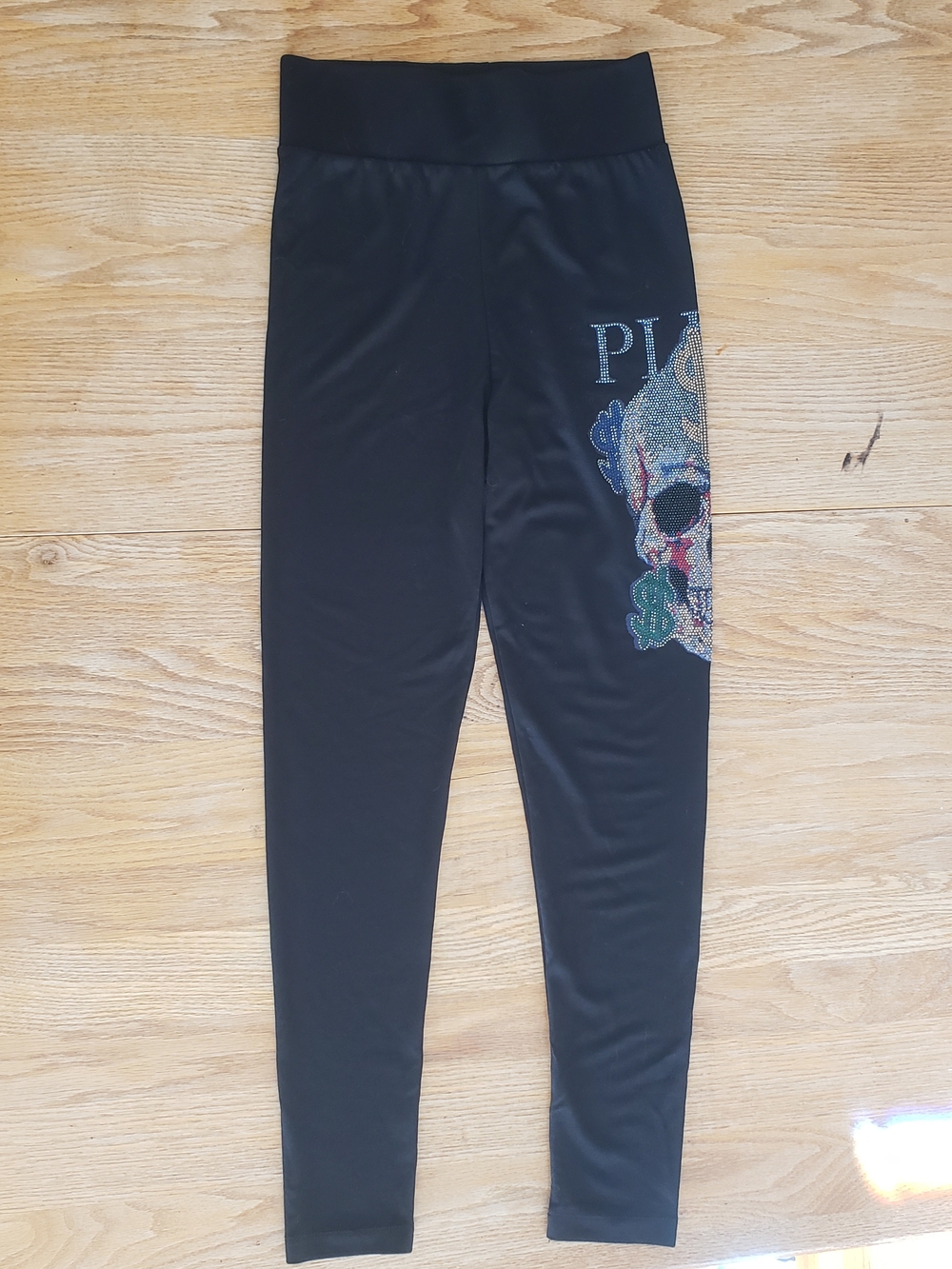 Philipp Plein Black Leggings with Rhinestone Skull Accent